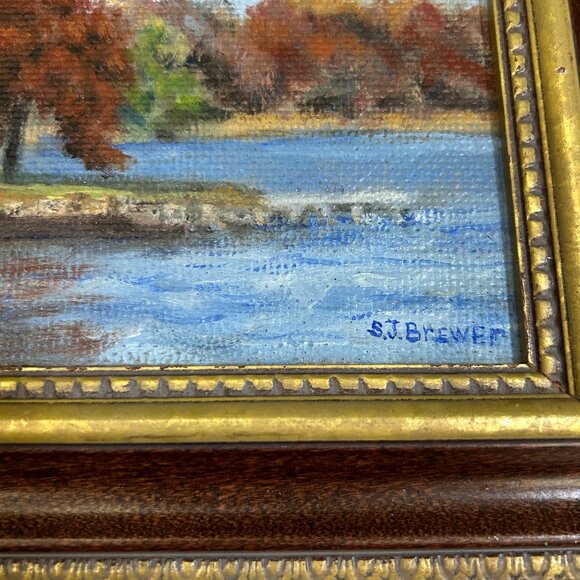Vintage Framed Landscape Oil Painting Autumn Lake Scene Country Houses Singed - Picture 3 of 13